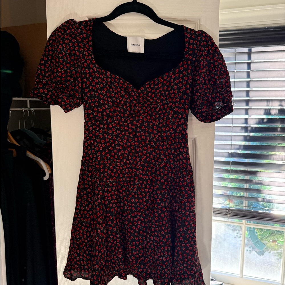 Reformation Black and Red Floral Midi Dress